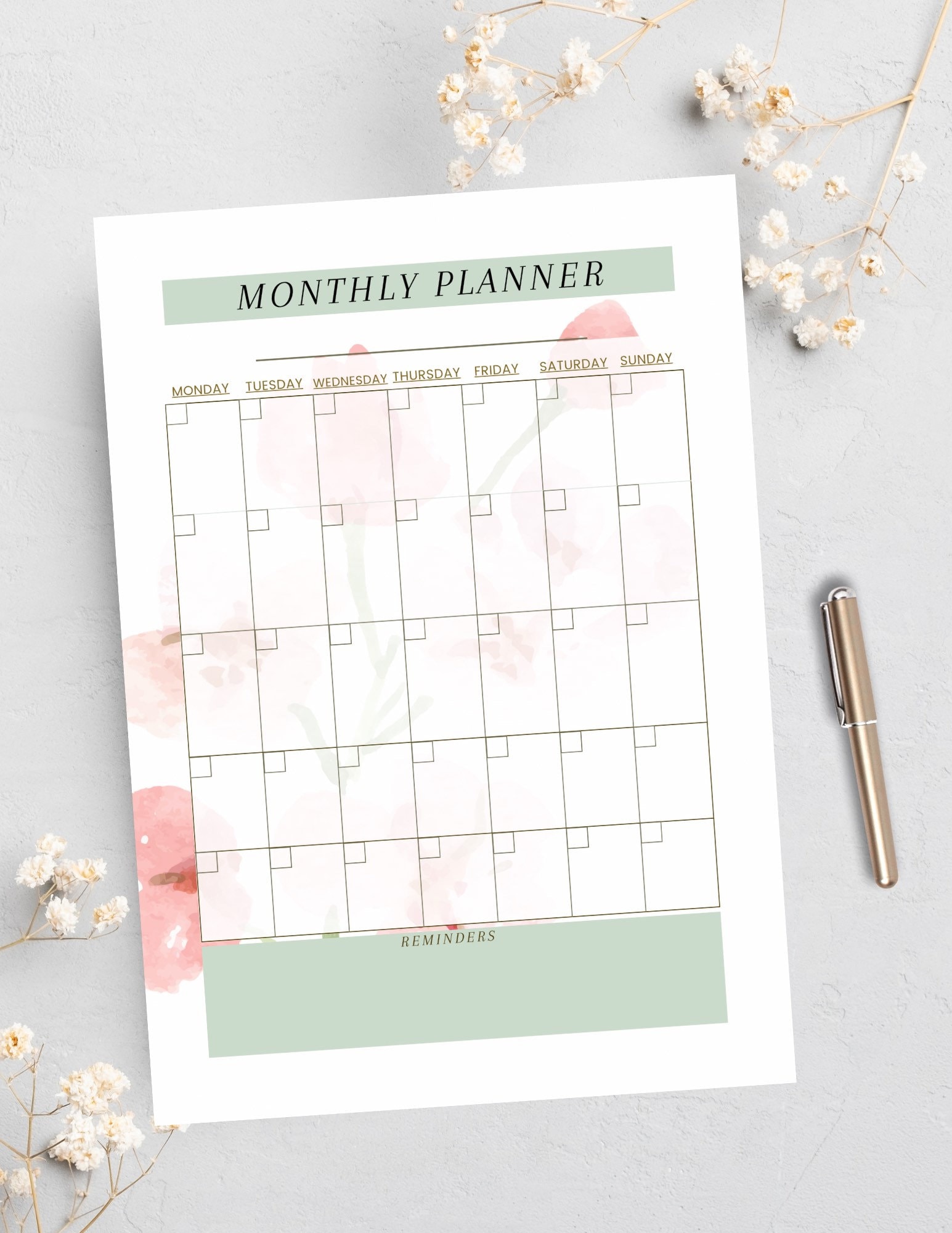 Undated Monthly Planner Printable Floral Monthly Planner Instant ...