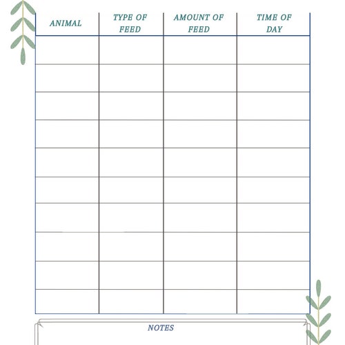 Animal Feeding Chart Feeding Schedule Livestock Feeding Etsy