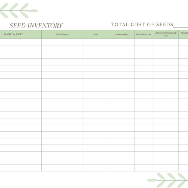 Seed Inventory Log - Seeding Chart, Seeding Plan, Garden Planer, Instant Download