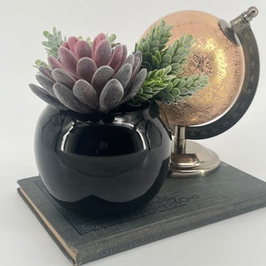 May include: A black ceramic planter with a succulent plant and a small globe with a rose gold finish. The globe is on a stand and the planter is on a book with the text "Introductory French Composition" visible.