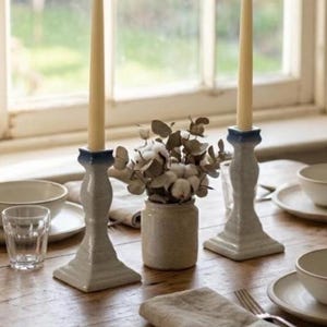 Vintage 1970s Mikasa CA500 Stoneware Candlestick Holders Pair Speckled Blue Rim Farmhouse Decor