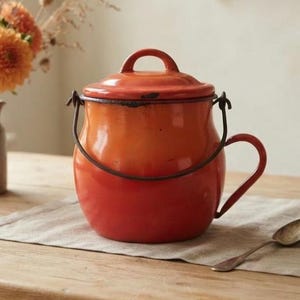 Antique French Orange Gradient Enamelware Lidded Camp Pot, Early 20th Century Bail Handle Kitchenware