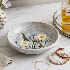 Salt Marsh Pottery Blue Eyed Grass Daisy Trinket Dish, Hand Painted Floral Jewelry Bowl
