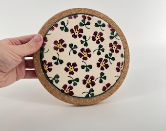 Vintage Nicholas Mosse Pottery Ireland Shamrock & Floral Ceramic Trivet Cork Back Hot Plate