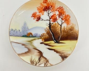 Vintage Hand Painted Japanese Porcelain Landscape Mini Wall Plate, Orange Tree Scenic Cabinet Plate, Mid Century Japan Decor