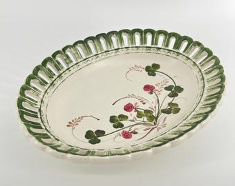 Vintage French Pierced Ceramic Serving Platter, Hand Painted Clover Oval Tray, Cottage Style Shamrock Dish