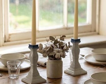 Vintage 1970s Mikasa CA500 Stoneware Candlestick Holders Pair Speckled Blue Rim Farmhouse Decor