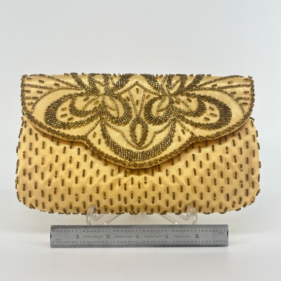 Vintage Magid Gold Beaded Satin Evening Clutch wi… - image 2