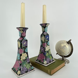 Vintage Macau Hand Painted Floral Embossed Ceramic Candlestick Holders - Set of 2