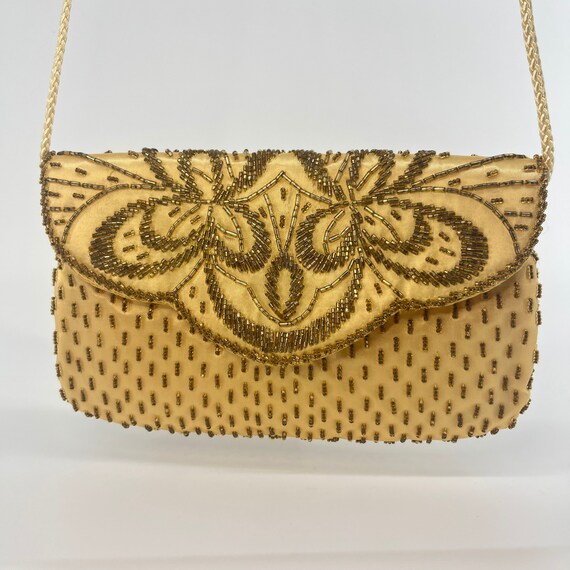 Vintage Magid Gold Beaded Satin Evening Clutch wi… - image 1