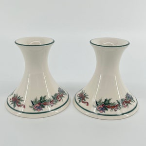 Vintage Ceramic Christmas Holly Pine Garland Candlestick Taper Candle Holders - Set of 2