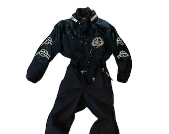 Vintage 90’s Bogner Black Ski Snowsuit Legends Of The White Buffalo Size 12 Long Embroidered Hood Made In USA