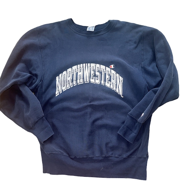 Vintage 80’s Champion Northwestern University Navy Reverse Weave Pullover Long Sleeve Sweatshirt Made in USA