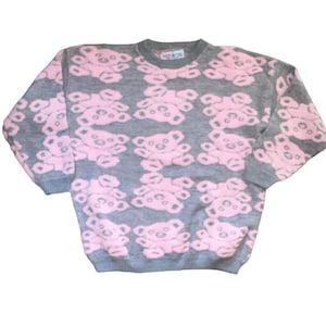Vintage 80’d Delivery LTD Pink Gray Teddy Bear Pullover Sweater Made In USA