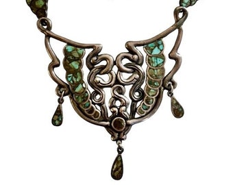 Vintage 40’s Mexico Silver Art Deco Nouveau Scroll Crushed Turquoise Statement Necklace Screw Back Earrings