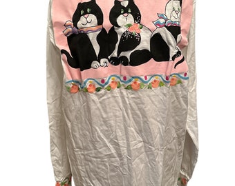Vintage 90’s Squigglez by Dix Hand Painted 3 Cat Kitty Floral Roses OSFA New Old Stock With Tag Long Sleeve T Shirt
