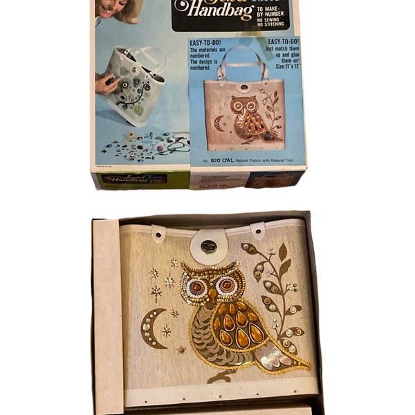 Vintage 1965 General Crafts Jewel Tone Owl Top Handle Fabric Wood Make By Number Bag Purse Handbag Box