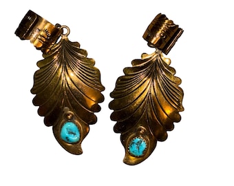Vintage 80’s Ahasteen OK Gold Navajo 2.5x1” Southwest Indian Turquoise Leaf Ear Cuff Loop Drop Dangle Set Of 2 Right And Left