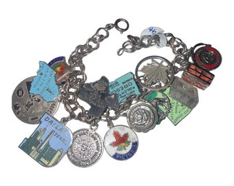 Vintage 60’s Sterling Silver .925 Travel 7” Enamel States Places Charm Bracelet 17 Charms 46.5g