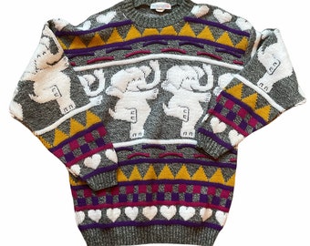 Vintage 80’s Rose Multi Color Acrylic Dancing Elephant All Over Print Pullover Sweater Top USA Made