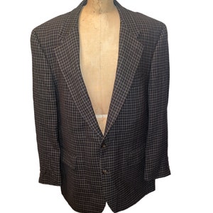 Vintage 80’s Burberry’s Burberry Wool Plaid 2 Button Single Vent Black Brown Blazer Sports Coat USA Made
