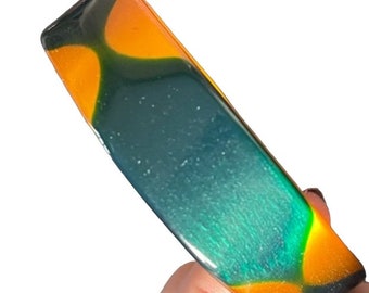 Vintage 30’s Bakelite Art Deco Nouveau 3x.75” Green Amber Gold Carved Bangle Bracelet Cuff