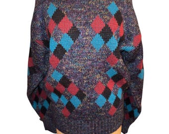 Vintage 80’s London Fog Argyle Gray Pullover Long Sleeve Acrylic Wool Blend Sweater Top Made In USA