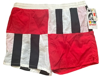 Vintage 90’s MTO Sport Nylon Flag Multi Color Lined Drawstring Elastic Waist Hipster Swim Trunks Shorts Surfs Up Cowabunga New Old Stock Tag