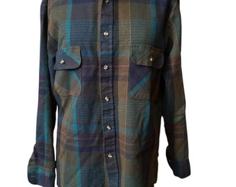 Vintage 90’s Nortwest Territory Acrylic Brown Blue Long Sleeve Button Down Oxford Flannel Shirt Made In Korea