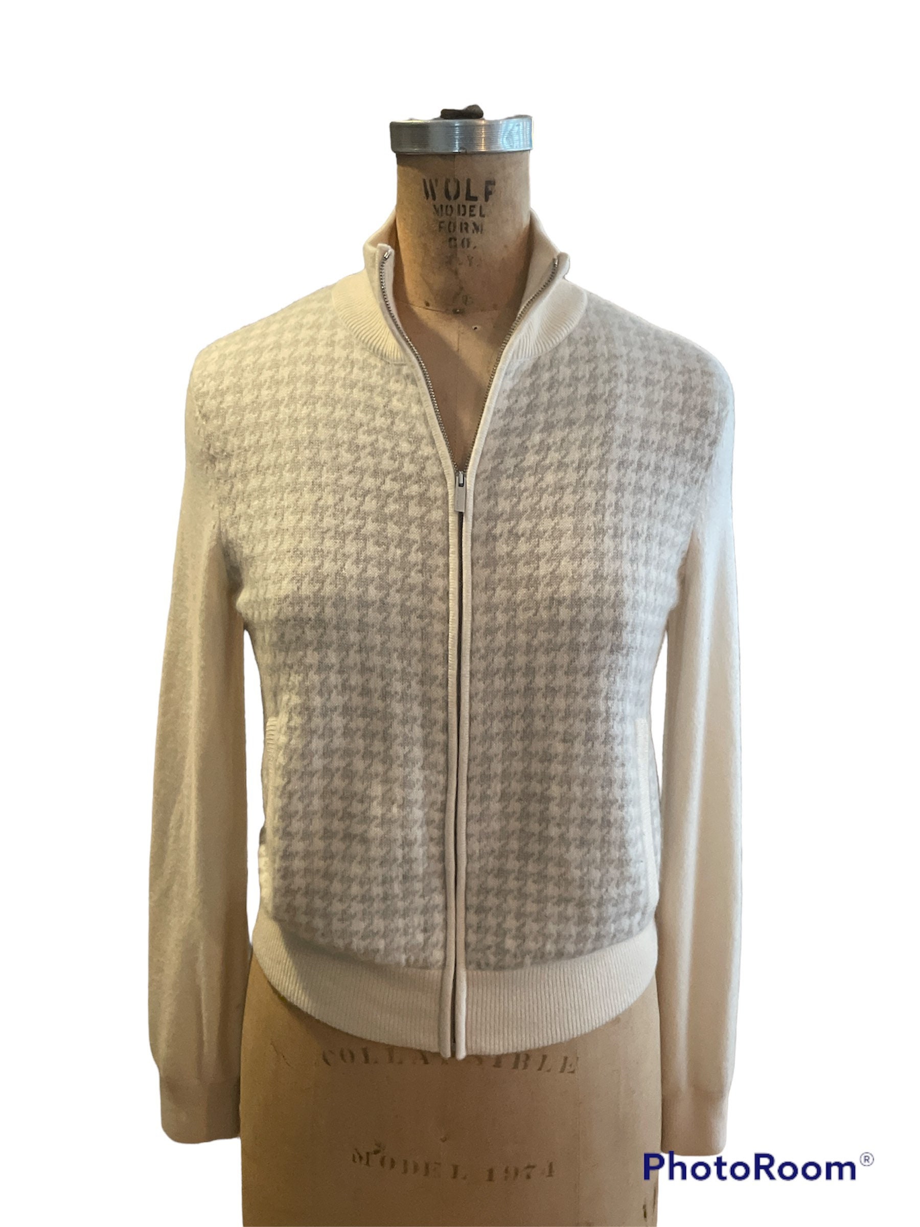Vintage 90's Ralph Lauren Polo Golf Cream Houndstooth Front Zip Cashmere Cardigan Suéter Chaqueta De Suéter Hecho En Hong Kong