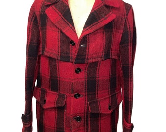 Vintage 50’s Sears Robuck Hercules Red Buffalo Plaid Heavy Wool Hunting  Mackinaw Button Front Pocket Coat Jacket USA