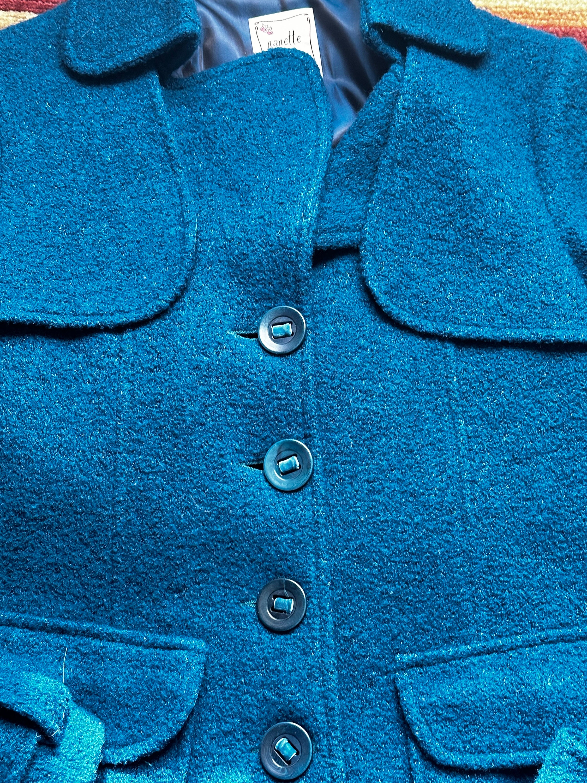 Vintage 90's Nanette Lepore Teal Blue Wool Blend Button Front Coat