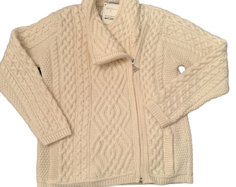 Vintage 90’s Aran Crafts NWT Old Stock Tags  Ireland Merino Wool Front Zip Cable Long Sleeve Ivory Sweater Jacket Coat Cardigan