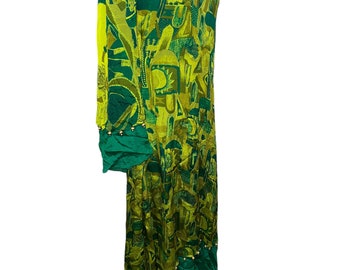 Vintage 80’d Handmade Homemade Afghan Kuchi Overlay Stitched Bells Multicolored Satin Dress Headscarf Drawstring Pants 3 Piece Set Indian