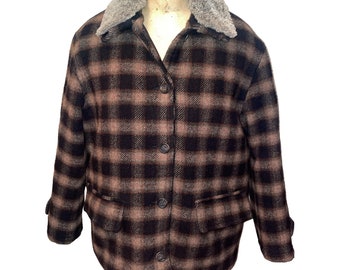 Vintage 90’s J Crew Heavy Wool Plaid Removable Real Shearling Collar Button Front Coat Jacket