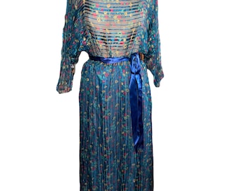 Vintage 70’s Gentillesse by Diane Dickinson Blue Floral Garden Party Slip Prairie Peasant Sheer Dress Skirt Slip Sash Belt USA Made