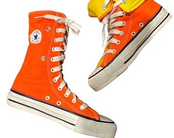 Vintage 90’s Converse Fold Over Neon Orange Yellow Snap Down High Top Sneaker Shoes 4.5 Men’s 5.5 Women’s 6.5 New Old Stock Never Worn USA