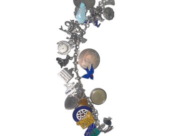 Vintage 60’s Sterling Silver .925 Travel 7” Enamel States Animals Charm Bracelet 28 Charms 75g