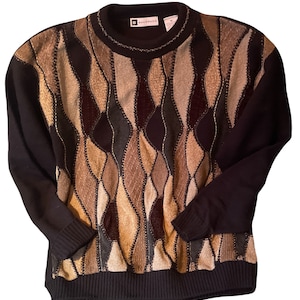 Vintage 90’s Bachrach Black Multi Wavy Coogi Style Biggie Hip Hop Acrylic Pullover Sweater Top USA Made
