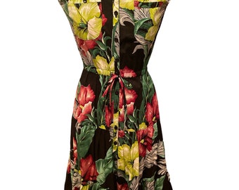 Vintage 80’s Floral Tropical Front Button Tie At Waist Sleeveless MIDI Dress USA Made