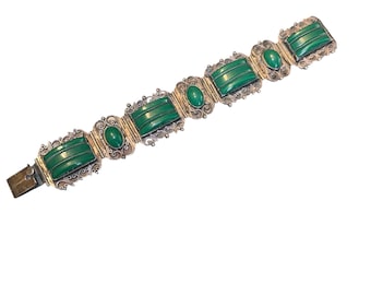 Vintage 60’s Sterling Silver Green Onyx Panel Clasp Bracelet Made In Mexico 7x1” Not Including Clasp