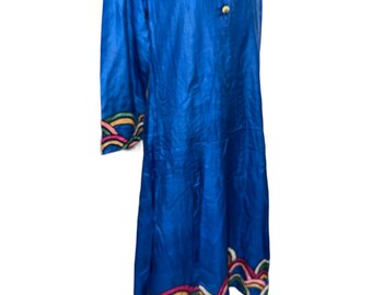 Vintage 80’d Handmade Homemade Afghan Kuchi Embroidered Blue Multicolored Satin Dress Headscarf Drawstring Pants 3 Piece Set Indian