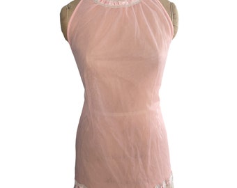 Vintage 60’s Aristocraft Pink Sheer Lined Button Corset Cinch Tie At Back White Lace Ribbon Sleeveless Babydoll Lingerie Nightie