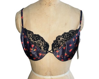 Vintage 80’s Directions By Loveable Padded Push Up 38C Adjustable Eye Hook Closure Red Black Floral Lace Bra New Old Stock With Tag