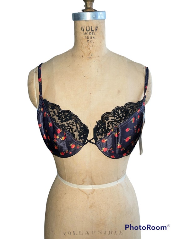 Vintage 80s Directions by Loveable Padded Push up 38C Adjustable Eye Hook  Closure Red Black Floral Lace Bra New Old Stock With Tag 