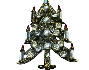 Vintage 70’s Pakula Clear Rhinestone Red Enamel Candles Christmas Tree 2.3/8” Pin Brooch Jewelry