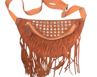 Vintage 2000’s ECCTE Leather Suede Studded Fringe Burning Man Music Fest Waist Fanny Back Purse Bag 10x6”