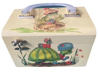 Vintage 70’s Vicki Jean Pompano Beach FL Wood Decoupage Turtle Mouse Frog Signed Top Handle Box Bag Purse Handbag