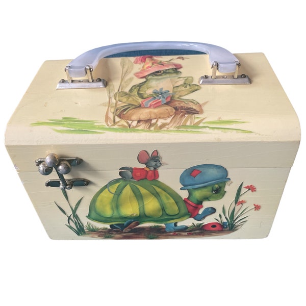 Vintage 70’s Vicki Jean Pompano Beach FL Wood Decoupage Turtle Mouse Frog Signed Top Handle Box Bag Purse Handbag