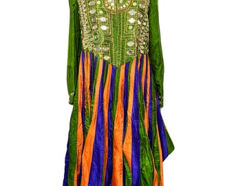 Vintage 80’d Handmade Homemade Afghan Kuchi Mirrored Multicolored Satin Dress Headscarf Drawstring Pants 3 Piece Set Indian